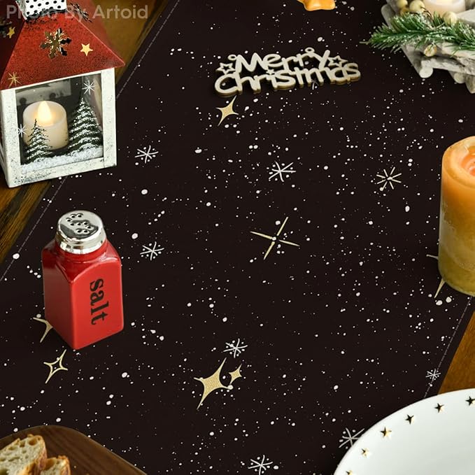 Artoid Mode Xmas Trees Black Merry Christmas Table Runner, Seasonal Winter Kitchen Dining Table Decoration for Home Party Decor 13x90 Inch