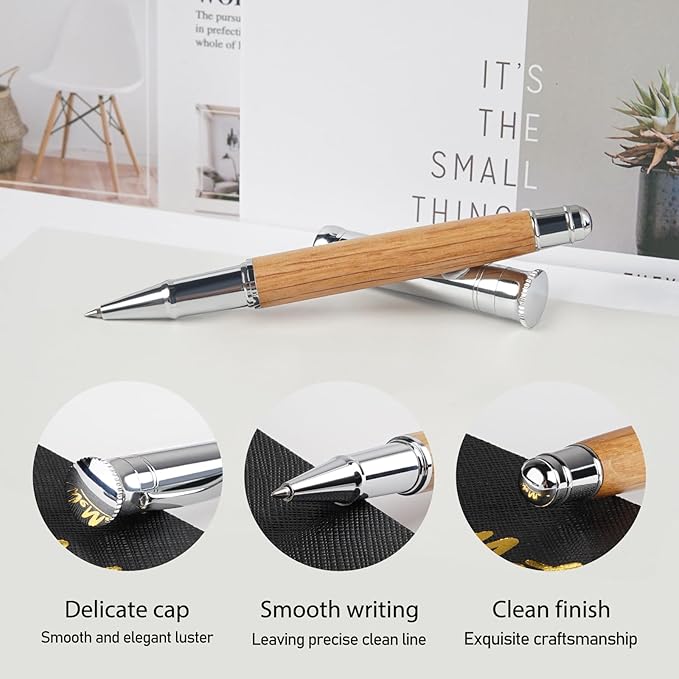 WEMATE Luxury Rollerball Pen Set, Extra 2 Ink Refills(1 Black & 1 Blue), Fancy Writing Pen Nice Office Gift for Men, Professional, Executive, Cool Wooden Pen for Journaling - Oak