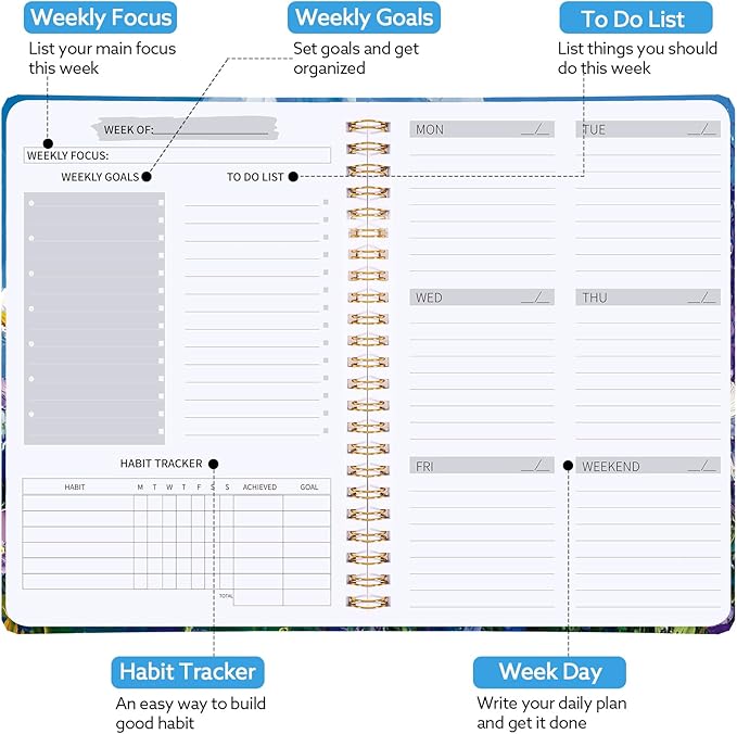 Undated Weekly Planner, A5 Weekly To Do List Notebook with Habit Tracker Spiral Binding Weekly Planner Notebook with Stickers Home Work School Supplies, Purple Flower