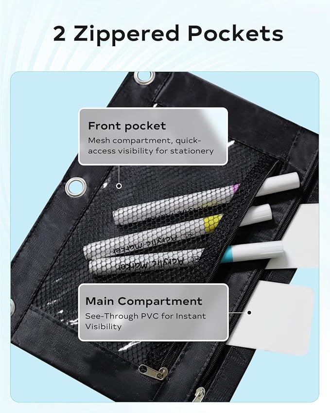 Pencil Pouch for 3 Ring Binder - Small Zipper Pen Case, Black Pencil Pouches for Boys Kids, School Supplies, 3 Hole Nylon Pencil Bag Accessories Clear Window Aesthetic Organizer