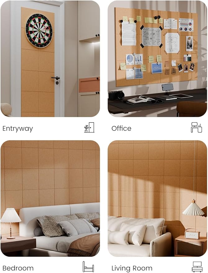 Bumusty Large Cork Board 47"x35" Alternative - 12 Pack Felt Wall Tiles with 70 Safe Removable Adhesive Tabs, 30 Pushpins, Cork Boards for Walls Pin Board Tack Board Cork Board (Longan Yellow)