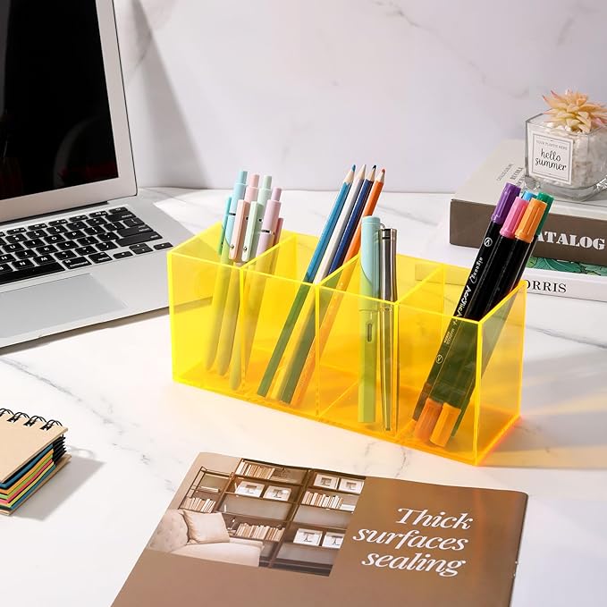 Pen Holder for Desk Neon Acrylic Pencil Holder Cup Makeup Brush Storage Organizer for Vanity, Neon Yellow