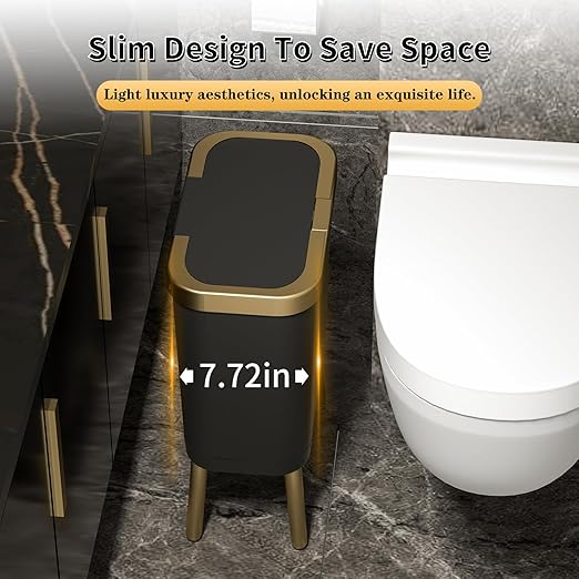 Procade 2Pack Trash Can with Lid, Modern Bedroom Garbage Can with Gold Edge, Slim Kitchen Garbage Bin，4 Gallon Trash Bin Plastic Waste can for Office, Living Room,Toilet,Bathroom (Black+White)