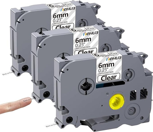 Hehua Tze Tz 6mm 0.23 Laminated Clear Tape Compatible for Brother Label Maker Tape TZe-111 TZe111 TZ-111 TZ111 for Ptouch PT D200 D210 H110 1880, 1/4'' x 26.2ft Black on Clear, 3 Pack