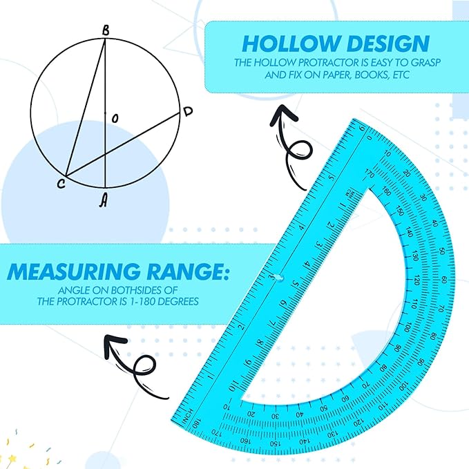 Zonon 2 Pack 12'' Plastic Ruler and 6'' Plastic Protractor Set Clear Ruler Protractor Set Math Geometry Supplies for School Classroom Home Office Drawing(Blue)