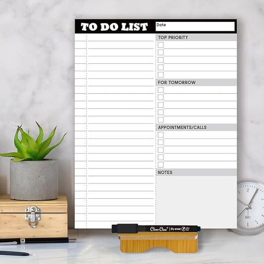 Dry Erase Desk Planning Board - Reusable Desktop Daily Planning Board, Work to-do List - 11"x8.5" Tabletop Dry Erase Board with Stand - Marker Included