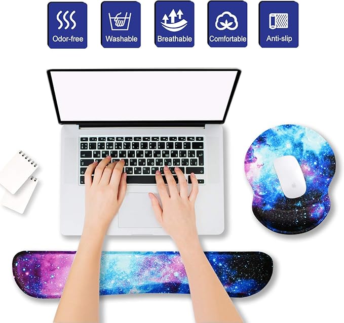 ArtSo Upgraded Wrist Rest Support for Mouse Pad & Keyboard, Ergonomic Gel Mousepad Non-Slip Rubber Base Home,Office Pain Relief & Easy Typing Cushion with Neoprene Cloth & Soft Memory Foam, Galaxy