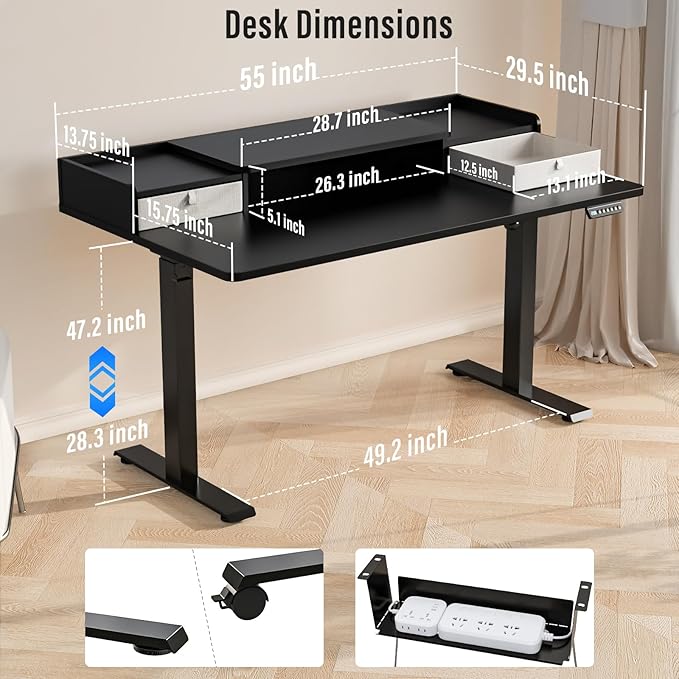 Standing Desk with Drawers,Thickened Table Legs Sit Stand Desk Electric for Home Office & Gaming,Ergonomic Stand Up Desk Cable Management Tray(Classic Black) (Classic Black, 55″ x 30″)