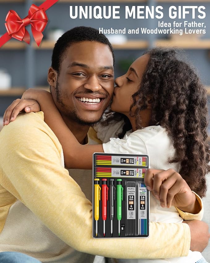 Nicpro 4 Pack Carpenter Pencil with Sharpener, Mechanical Carpenter Pencils with 52 Refills, Construction Pencil Heavy Duty Woodworking Pencils for Architect (Red, Black, Yellow, Blue)