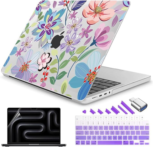 Teryeefi Case for MacBook Pro 16 inch M4/M3/M2/M1 Pro Max 2025-2021 Release (A3403/A3186/A2991/A2780/A2485), Laptop Hard Shell with Keyboard Cover & Screen Protector & Type C Adapter, Flower 104