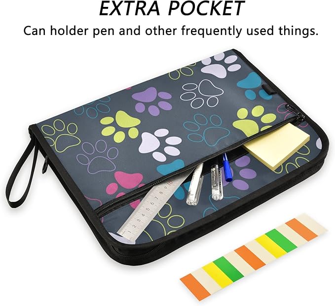 Expanding File Folder -13 Pocket Accordion File Folders with Sticky Labels, A4 Letter Size Paper Document Organizer with Zipper Closure for Office School Boys Girls,Colorful Dog Paw