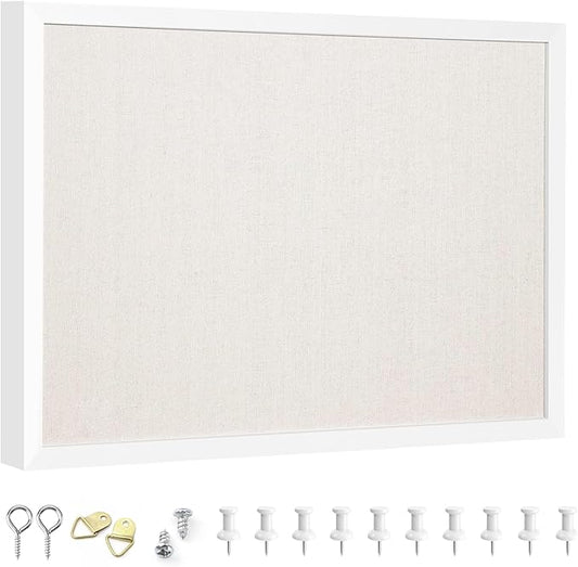 OWLKELA 13.3"x17.7" inch Bulletin Board with Linen, White Wood Style Frame, with 10 Pushpins, Linen Cork Board, Ideal for School, Home & Office