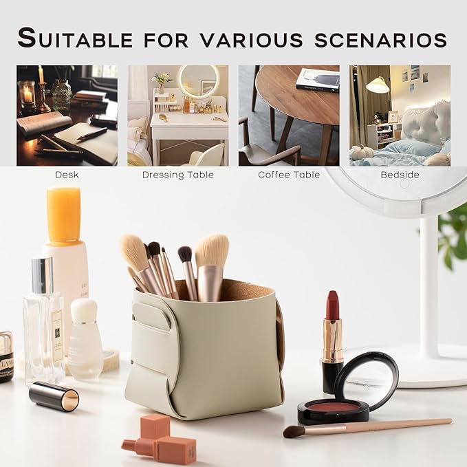 2-Pack Cork Leather Makeup Brush Holder Organizer - Desk Accessories Storage - Pencil Pen Holder - Stylish Addition to Home Decor (Beige)