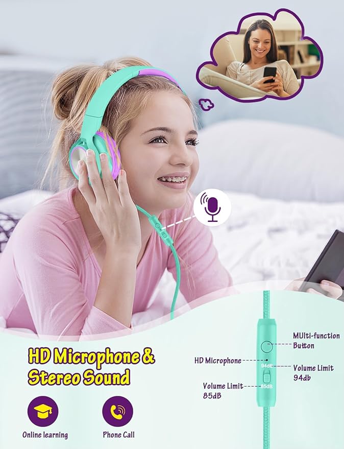 Kids Headphones with Microphone, Wired Over Ear Headsets with Limited Volume 85dB/ 94dB for Boys Girls Teens Children Online School/Travel/iPad/Tablet/Cellphone
