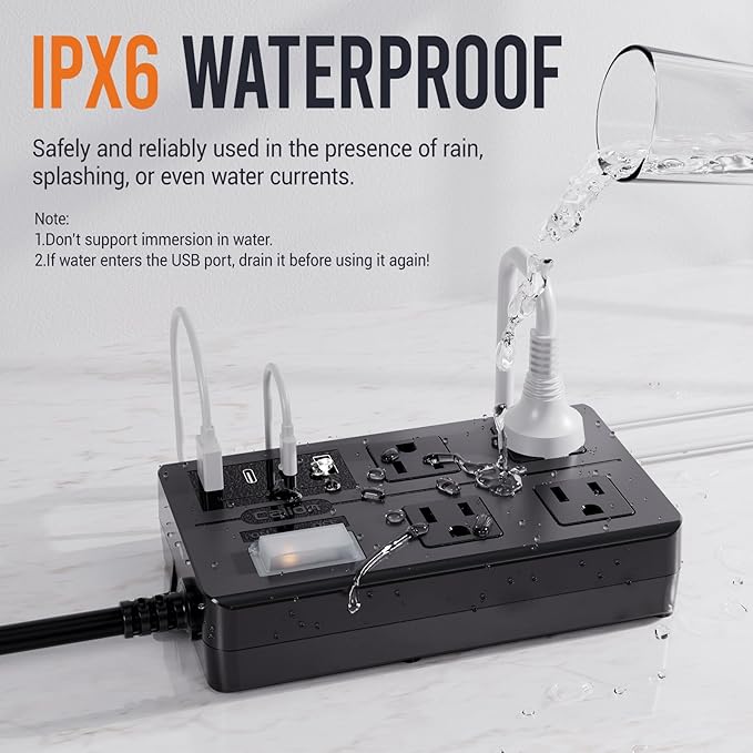 Outdoor Power Strip Weatherproof, IPX6 Waterproof Extension Cord Multiple Outlets with USB Ports, Overload Protection Shockproof,Electrical Power Strip Wall Mountable for Outdoor Decorations…, Black