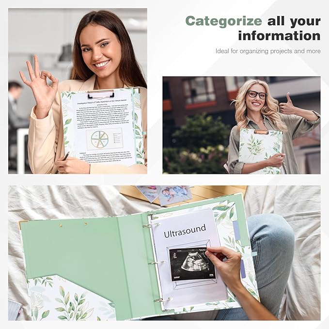 Ospelelf Binder 3 Ring 2 Inch, Green Floral Round Ring Clipboard Binder with 5 Tab Dividers for Letter Size Documents, for School and Office Supplies, Greenleaf