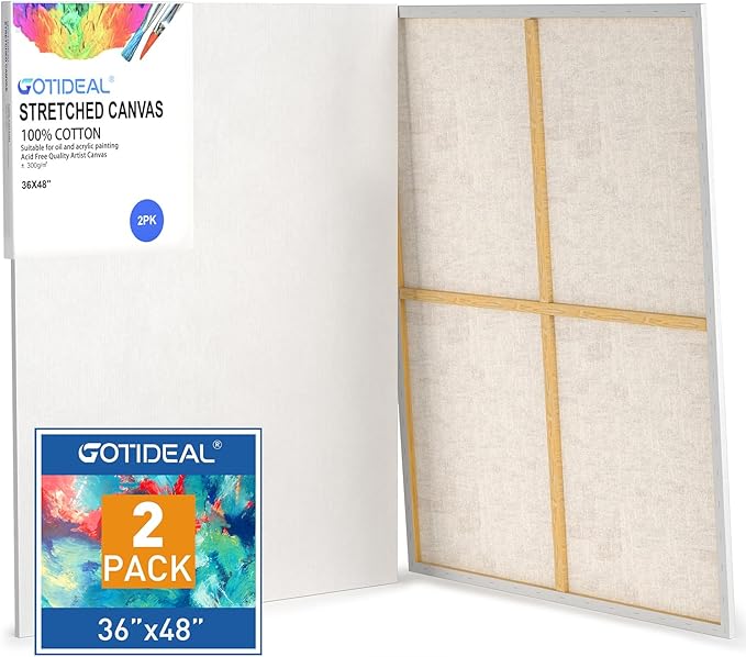 GOTIDEAL Stretched Canvases for Painting, 36x48" Inch Set of 2, Primed White - 100% Cotton Blank Art Large Canvas Boards for Painting for Acrylic Pouring, Oil Paint Dry & Wet Art Media