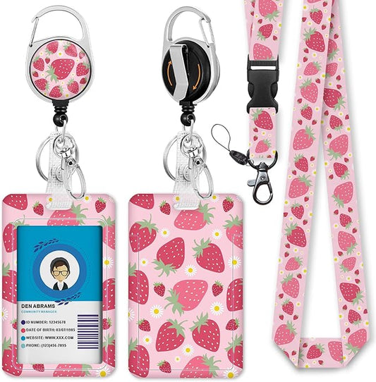 Gctriki Teacher Lanyard with id Holder, Cute Strawberry Lanyard for Keys, Funny Retractable Badge Reel Clip Keychain, Pink Lanyards for ID Badges Holder Nurse Teacher Workers Women Office Gifts