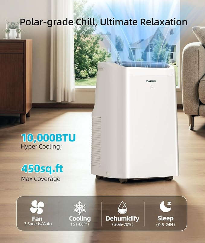 ZAFRO 10000 BTU Portable Air Conditioners (6000 BTU SACC), AC Unit for Bedroom with Drainage-free Cooling, Fan & Dehumidifier, 47dB Quiet, 24H Timer, APP Control/Remote/LED Display