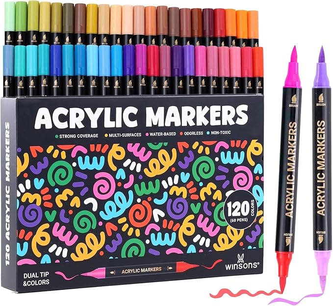 WINSONS 120 Colors Acrylic Paint Marker, Dual Tip and Dual Colors Acrylic Paint Pens for Stone, Wood, Canvas, Ceramic, Metal, Glass, Rock Painting, DIY Crafs Art Supplies (48 Colors)