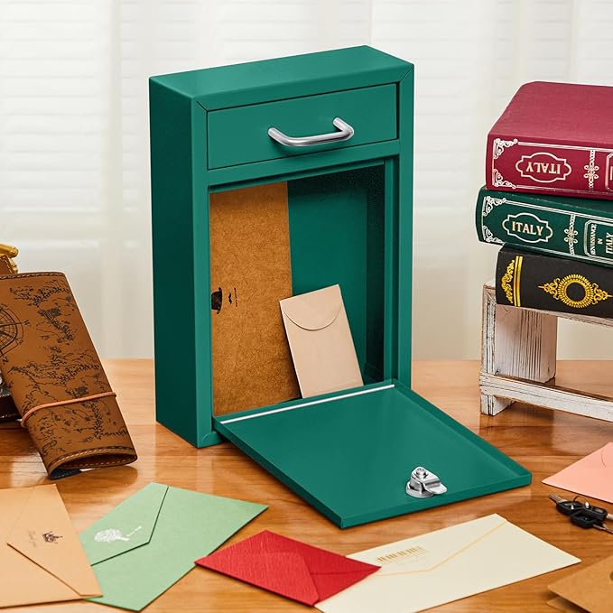 Locking Mailbox with Key for Outdoor 12.2 x 8.5 x 3 Inches Large Wall Mount Mail Box with Lock Security Mail Drop Metal Collection Boxes Hanging Secure Postbox(Green)