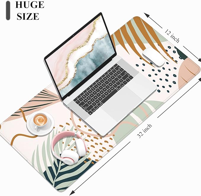 Desk Mat, 32" x 12" XXL Extended Large Gaming Mouse Pad, Desktop Decor Desk Pad, Cute Men Women Office Supplies and Accessories, XL Mouse Mat for Laptop & Keyboard, Boho Leaves