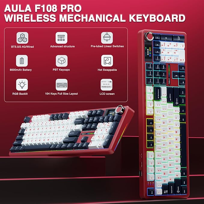 AULA F108 PRO - Wireless Mechanical Keyboard with Screen&Knob,Hot Swappable Gaming Keyboard with 8000mAh Battery,Pre-lubed Switches,RGB Backlit,PBT Keycaps Creamy Sounding Computer Keyboards,104 Keys