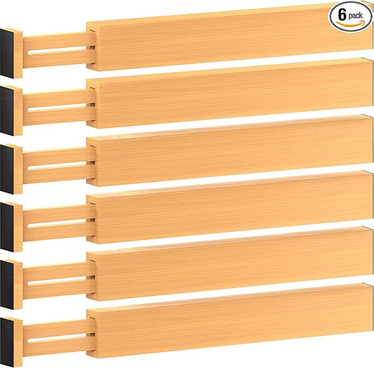 Large Kitchen Drawer Organizer - Expandable Bamboo Drawer Dividers (17" - 21.5") - Adjustable Separators for Kitchen, Clothes, Dresser, Bedroom, Bathroom, and Desk Drawers - 6 Pack