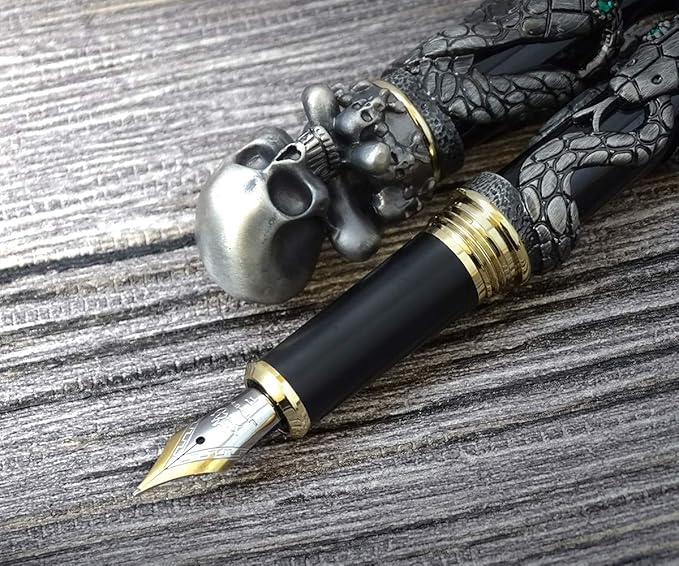 Jinhao Black Snake Fountain Pen Extra Fine Nib Retro Style with Skull Head Solid Metal and Paper Pen Case Set