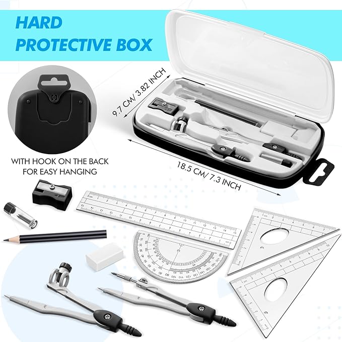 Zonon Math Geometry Set 10 Pcs Student Supplies with Shatterproof Storage Box, Includes Rulers Protractor Compass Pencil Sharpener Lead Refills Eraser Pencil for Drafting and Drawings (Black)