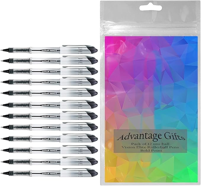 Vision Elite Rollerball Pens, Bold Point (0.8mm), Black Ink, 12 count, Bundle with Plastic Reusable Pouch