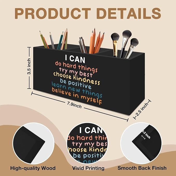 Inspirational Pen Pencil Holder Organizer for Desk Accessories, Boho Classroom Decor, I Can Do Hard Things Motivational Wooden Box Signs Decorations for Counseling Office Desk Tabletop