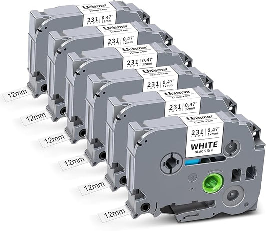 Tze Label Maker Tape 12mm 0.47 Laminated White Compatible for Brother Tze-231 Tz-231 Tz Refill Work for Ptouch PTD220 PTD210 PTH110 PTH111 PTD600 PTD200 PTD410, Black on White, 1/2' x 26.2', 6 Pack