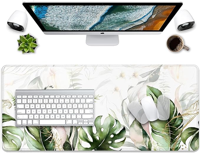 Green Tropical Leaves Mouse Pad Desk Pad,Green Sage Plant Extended Gaming Mouse Mat with Stitched Edges Non-Slip Waterproof Rubber Base Mous Mat for Office Home Game Desk Pad(27.5X11.8 in)