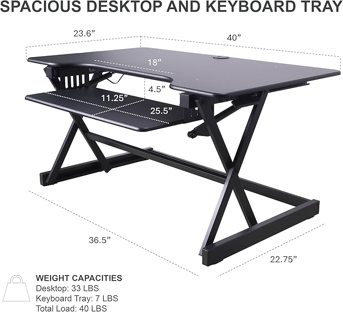 Rocelco 40" Height Adjustable Standing Desk Converter with AC Outlet USB Charger and Dual Monitor Arm Mount - Sit Stand Up Tabletop Riser - Sliding Keyboard Tray - Black (R DADRB-40-ACUSB-DM2)