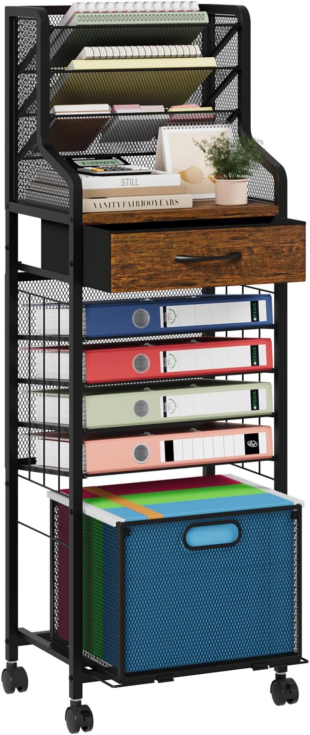 SWTYMIKI 10-Tier Rolling File Cart - Mesh Paper Organizer with Drawer and Hanging File Folders on Lockable Wheels, Wood Teacher Cart for Office Organization, Storage in Home, Studio, School, Espresso