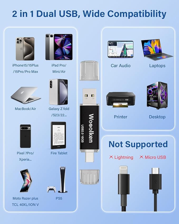 USB C Flash Drive 16GB 10 Pack, Wooolken Type-C Flash Drive + USB 2.0 Thumb Drive OTG Memory Stick Compatible with iPhone 16/15, Android Smartphone/Tablets/Computers