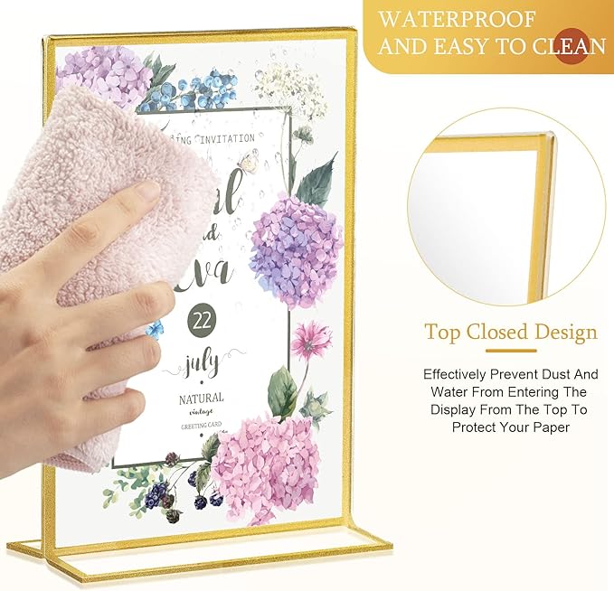 Hoteam 18 Pack Acrylic Sign Holder 5 x 7 Inch Gold Frames Wedding Table Number Holders, Double Sided Picture Frame Clear Display Menu Stand for Home Photo Flyers Wedding Party (Vertical)