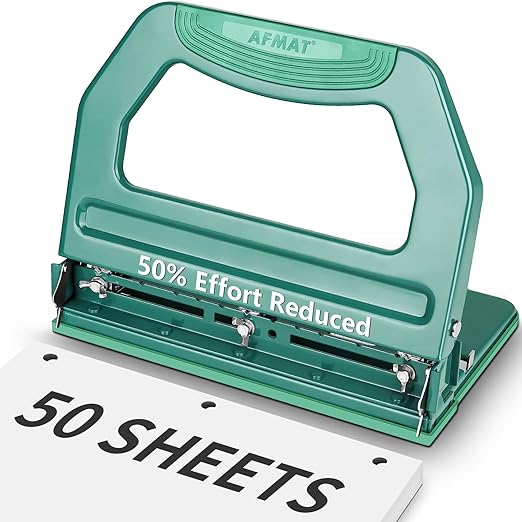 AFMAT Heavy Duty 3 Hole Punch, 50-Sheet, 50% Reduced Effort, Adjustable Two & Three Hole Punch, Metal Paper Puncher w/Large Chip Tray, Metal Paper Guide, Green