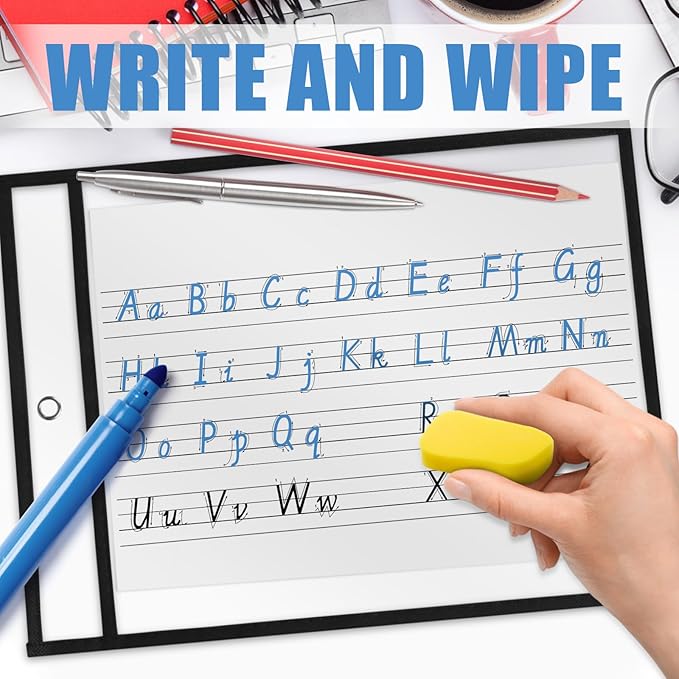 Heavy Duty Dry Erase Pockets 8.5x11, Plastic Paper Sleeves Job Ticket Holder 50 Pack Clear Sheet Protectors 8.5 x 11 Clear Document Sleeves for Shop Office Classroom Home, Black
