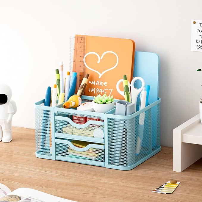 Marbrasse Mesh Desk Organizer, Pen Organizer with 2 Drawer, Multi-Functional Pencil Holder, Desk Organizers and Accessories with 5 Compartments + Drawer for Office Art Supplies (Blue)