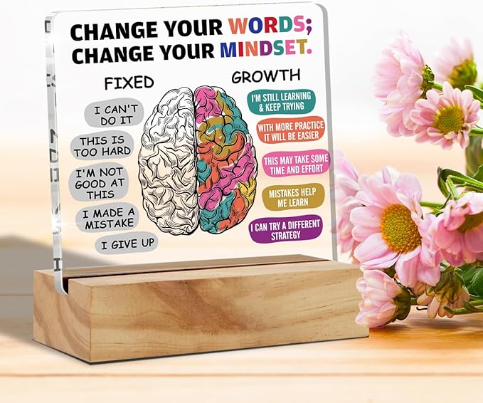 Positive Gifts for Her & Him: Encouragement Growth Mindset Acrylic Desk Plaque Sign with Wood Stand - Keepsake Present