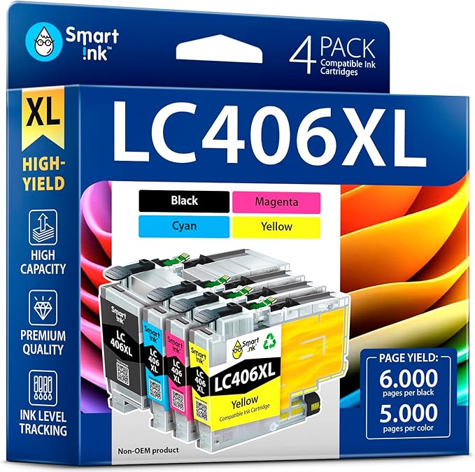 Smart Ink Compatible Ink Cartridges Replacement for Brother LC406 XL LC406XL for Brother Printer MFC-J4335DW MFC-J4535DW MFC-J5855DW MFC-J6555DW MFC-J4345DW XL (4 Pack, Black, Cyan, Magenta, Yellow)