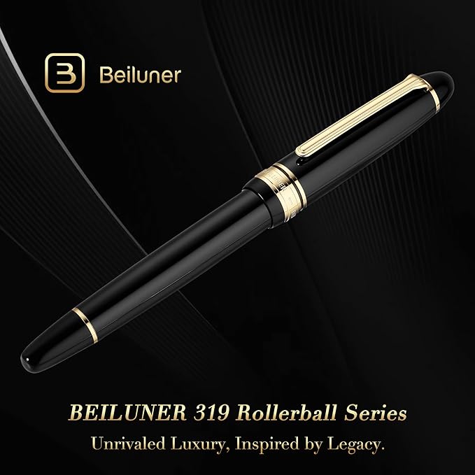 BEILUNER 319 Black Lacquer Rollerball - Stunning Luxury Pen with 24K Gold Finish, Heavy, Schneider Black Ink Refill, Best Gift Set for Men & Women, Professional, Executive Office, Nice Classic Pens