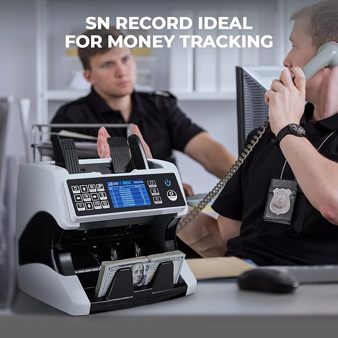 MUNBYN IMC01 Bank Grade Money Counter Machine Mixed Denomination, 2CIS/UV/IR/MG/MT Counterfeit Detection, Serial Number, MUL Currency Cash Counter, Printer Compatible Bill Value Counter (White)