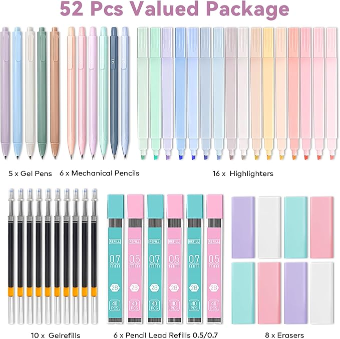 52 PCS Aesthetic School Supplies with Cute Pencil Case, Stationery Essentials with Pens Pencils and Pastel Highlighters Set,College Back to School Supplies for Teen Girls,Pastel Office Supplies-Purple
