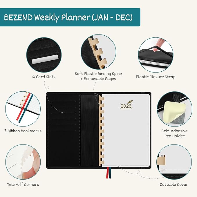 BEZEND Pocket Calendar 2026 Weekly and Monthly (Soft Spiral-4.25" x 6.75") Two Pages per Week Planner Runs Jan to Dec, Pen Holder, Card Slots & Refillable Vegan Leather Softcover - Evergreen