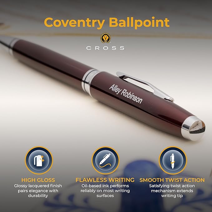 Personalized, Custom Engraved Cross Pen for Men or Women | Cross Coventry Ballpoint Pen | Luxury Gift for Office, Graduation and Business [Red Lacquer with Chrome Trim]