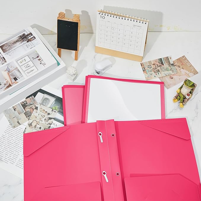Henoyso 72 Pcs Plastic Folder with Clear Front Pocket and 3 Prong Plastic Folders with Card Slot Pocket Folders with Prongs for School Office (Rose Pink)