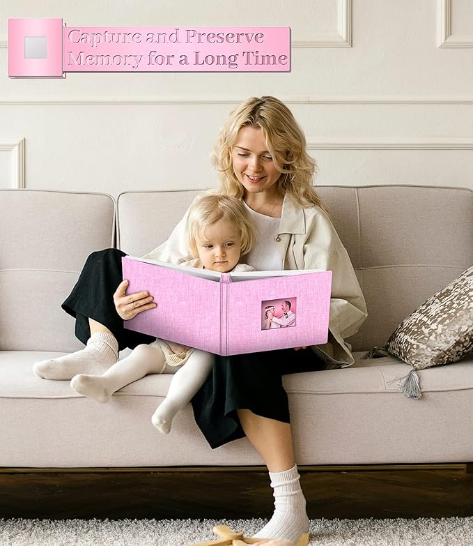 Photo Album Self Adhesive Scrapbook Album for 3x5 4x6 5x7 8x10 Pictures,40 Pages Linen Cover with Display Window DIY Photo Book,Ideal Gifts for Family Travel Wedding Baby